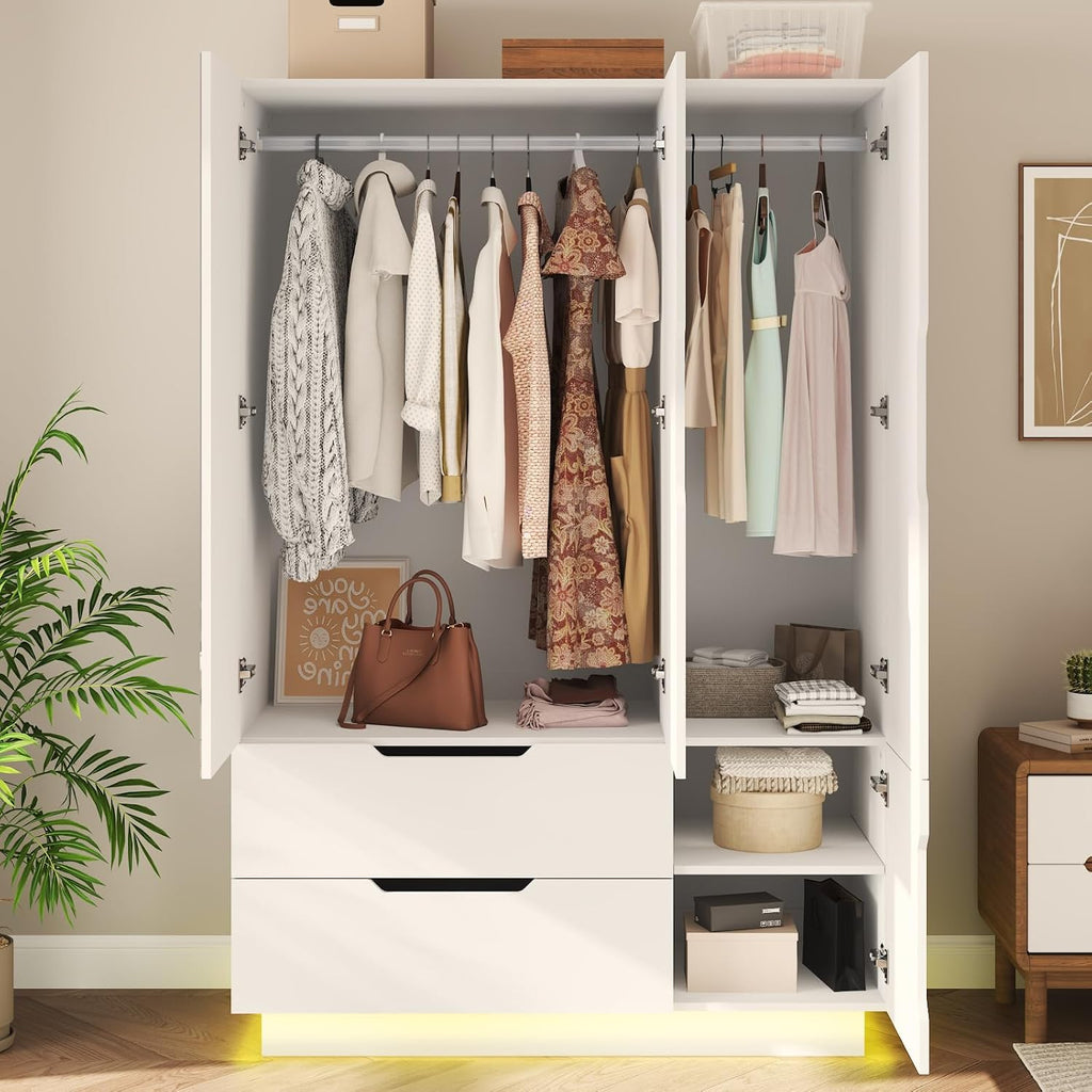 White Wardrobe with Mirror Drawers LED