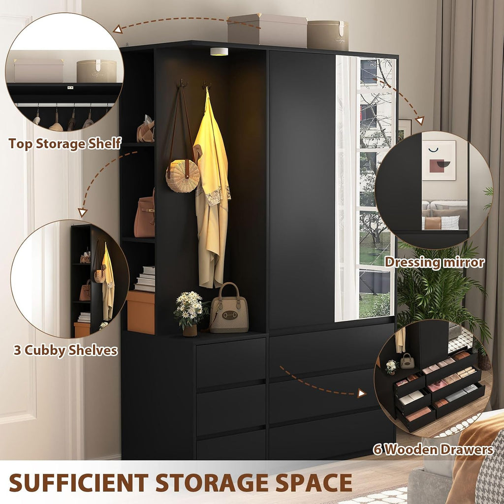 Black Wardrobe Mirror Drawers LED