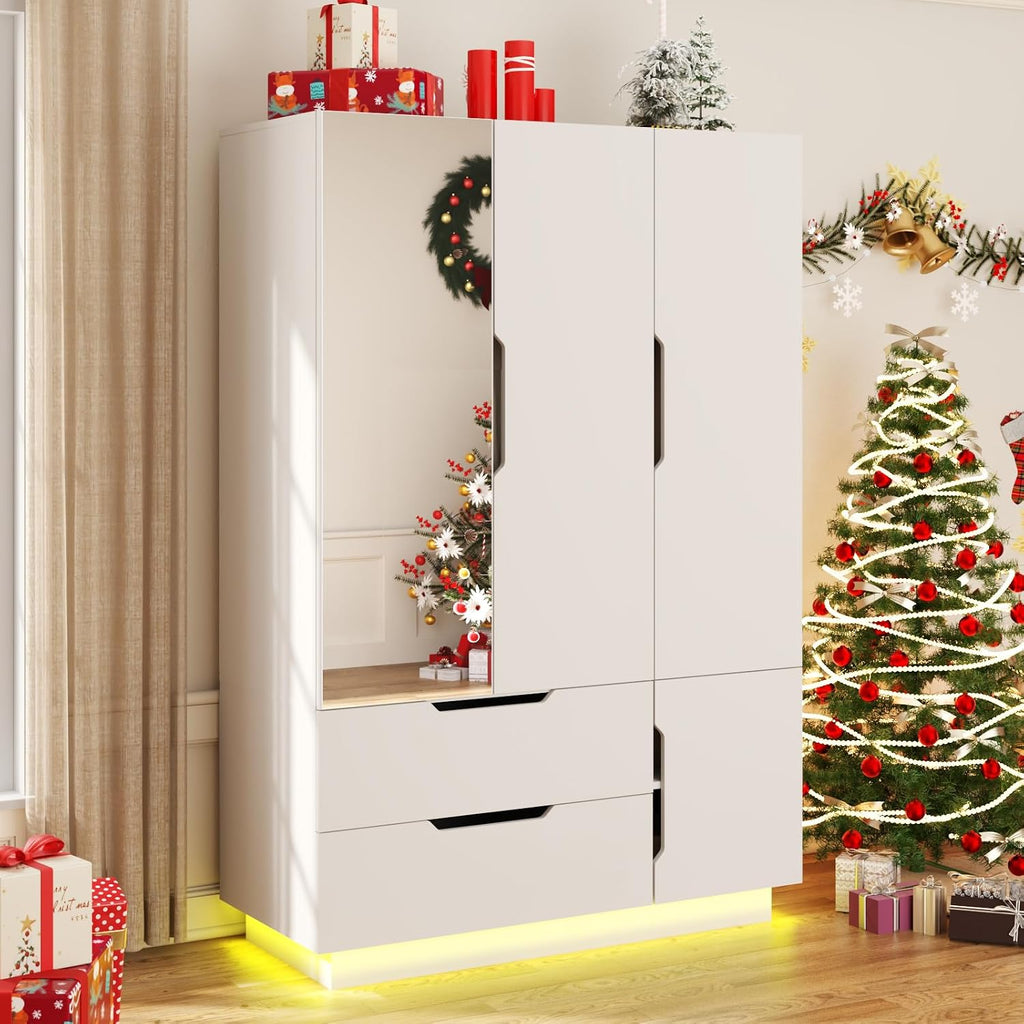 White Wardrobe with Mirror Drawers LED
