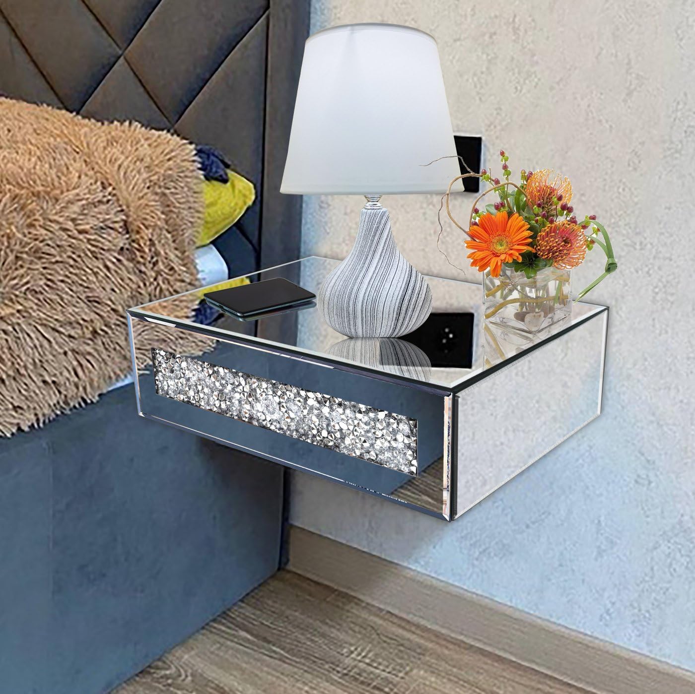 Silver Mirrored Floating Nightstand with Drawer