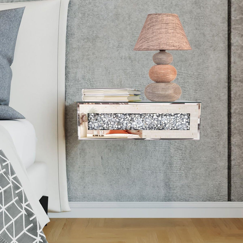 Silver Mirrored Floating Nightstand with Drawer