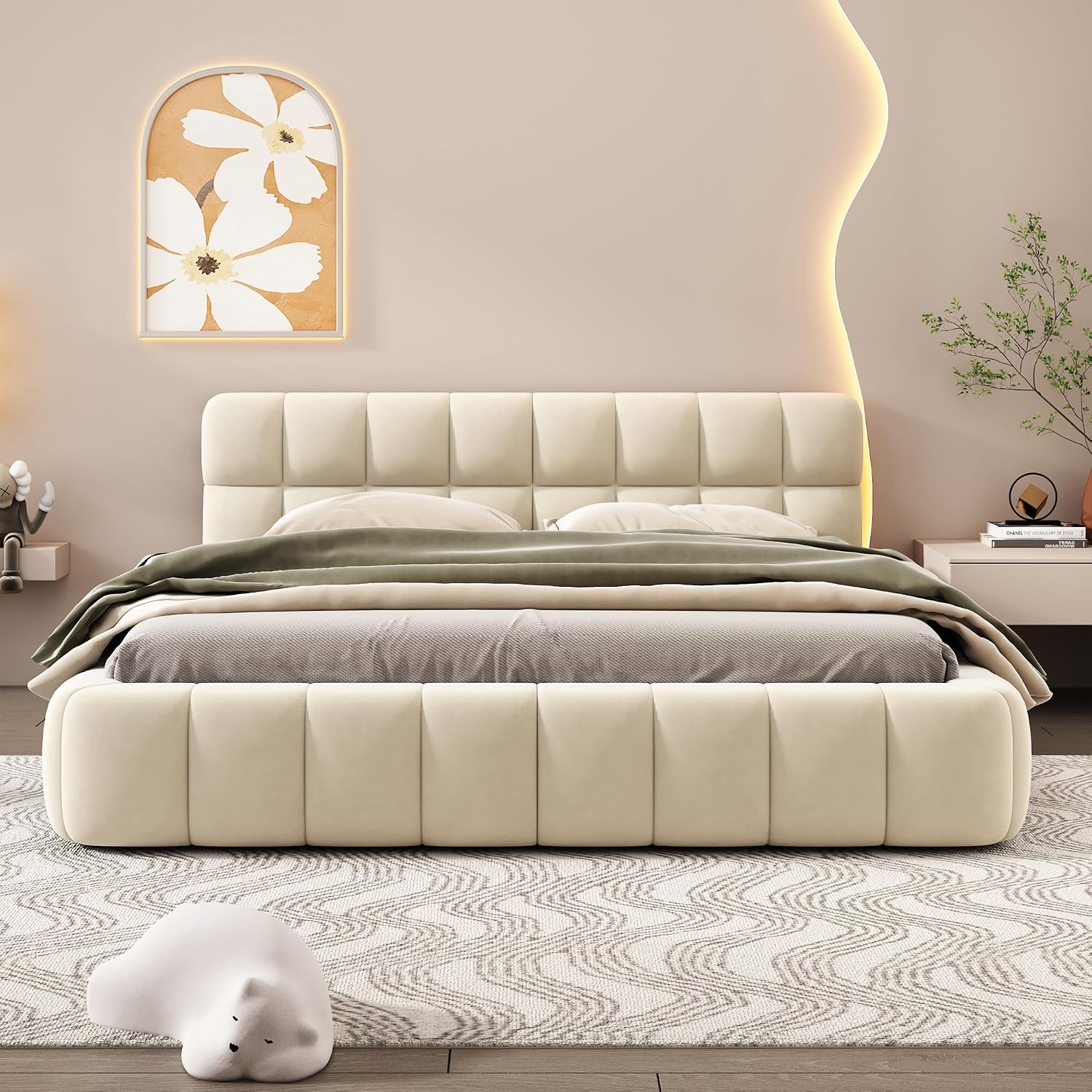 Beige Wingback Linen Platform Bed