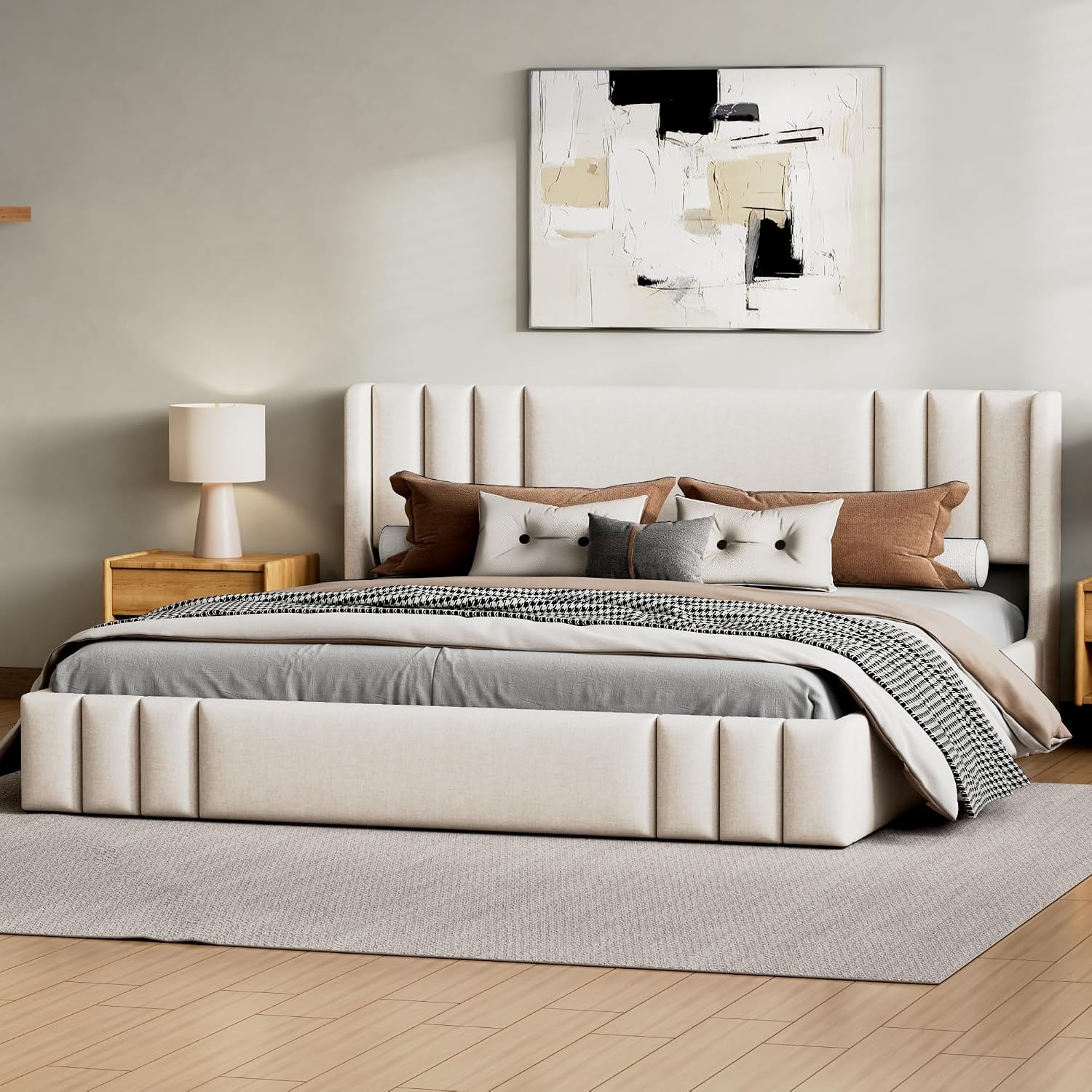 Beige Linen Wingback Platform Bed