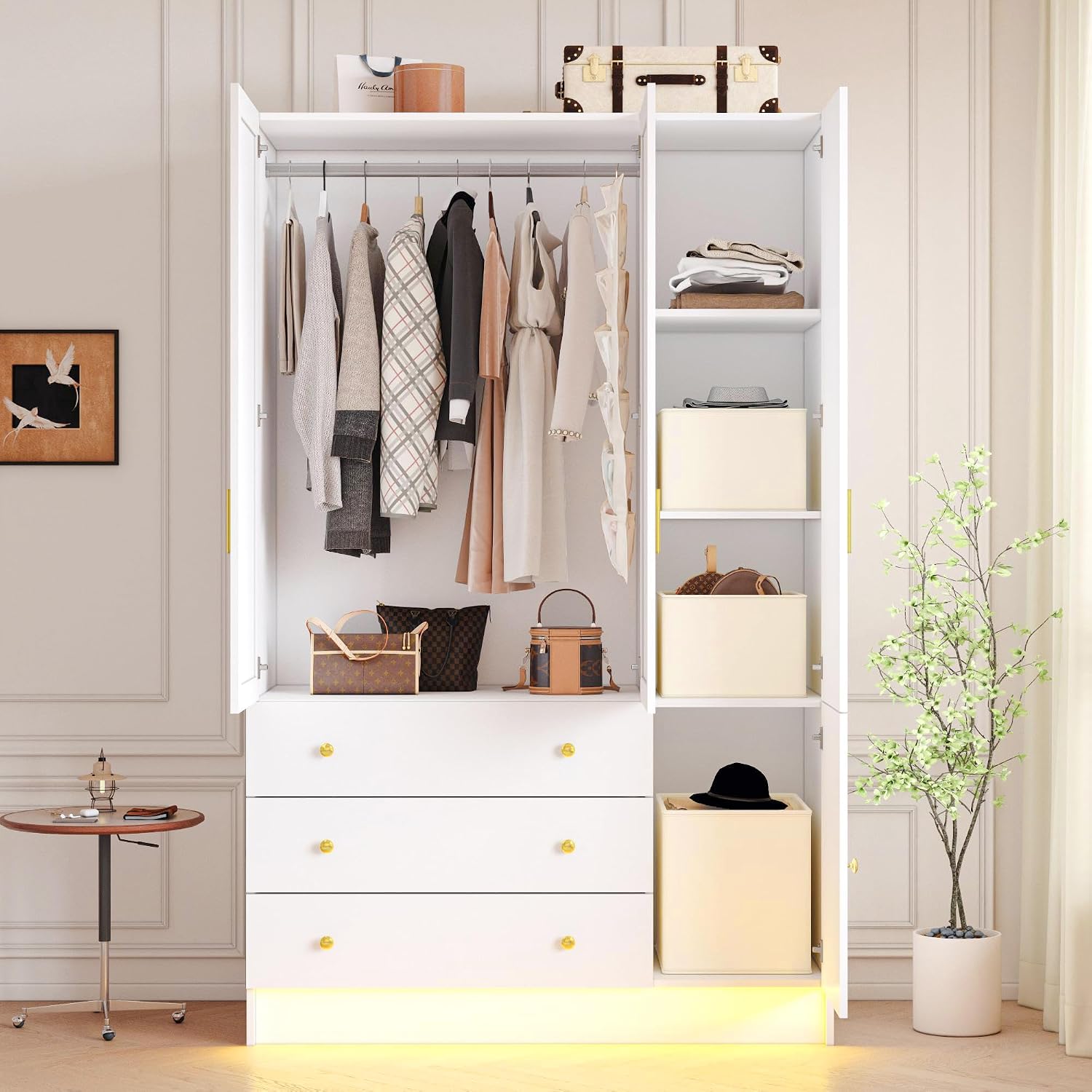 White Mirrored Wardrobe Drawers LED