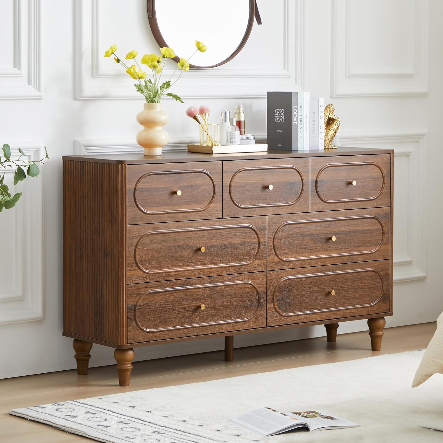 Walnut Fluted 7 Drawer Storage Dresser