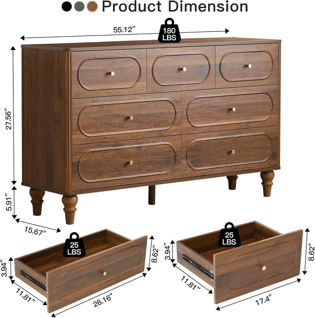 Walnut Fluted 7 Drawer Storage Dresser