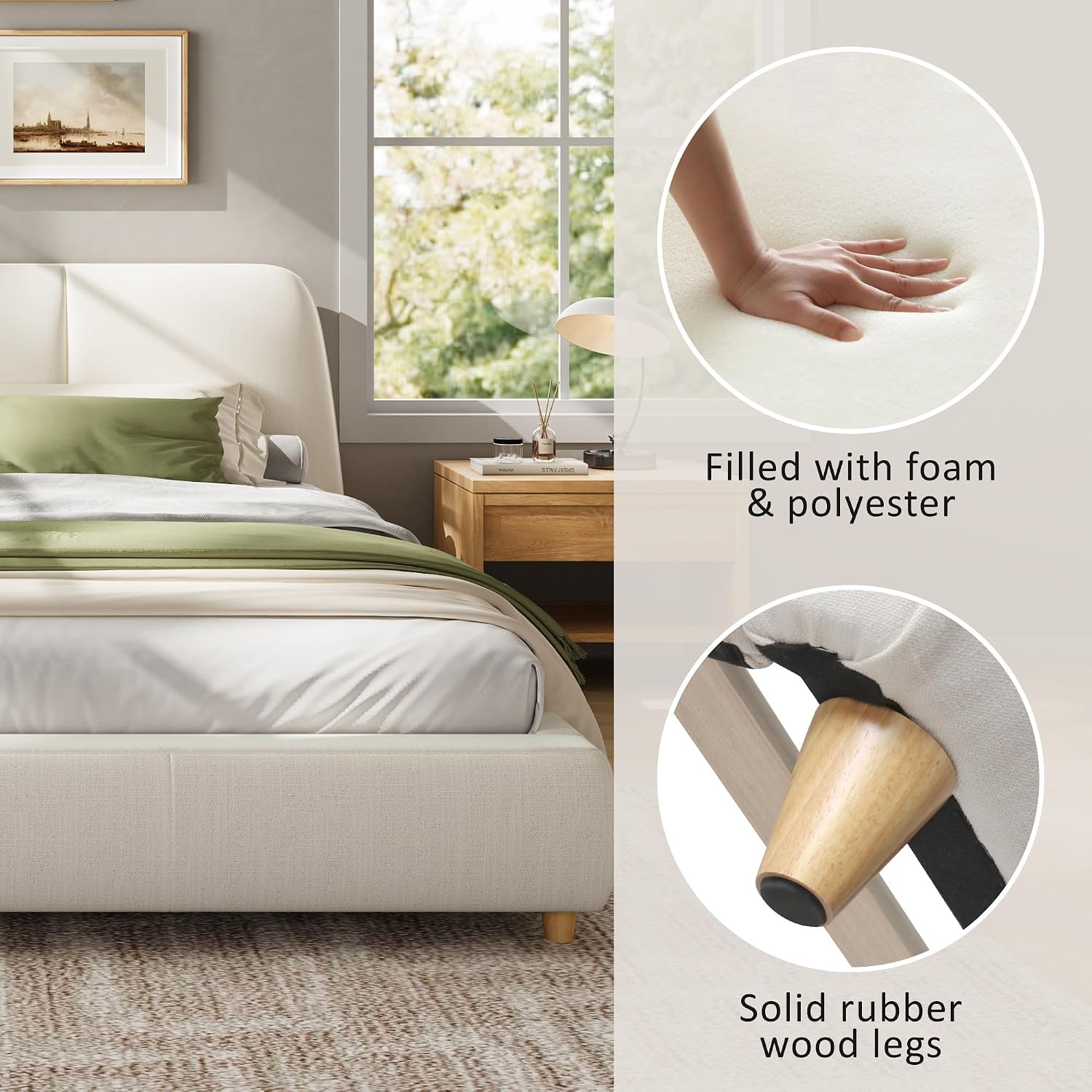 White Linen Platform Bed Headboard