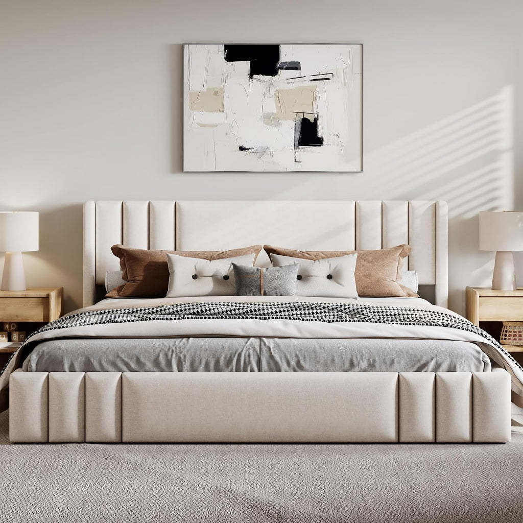 Beige Linen Wingback Platform Bed