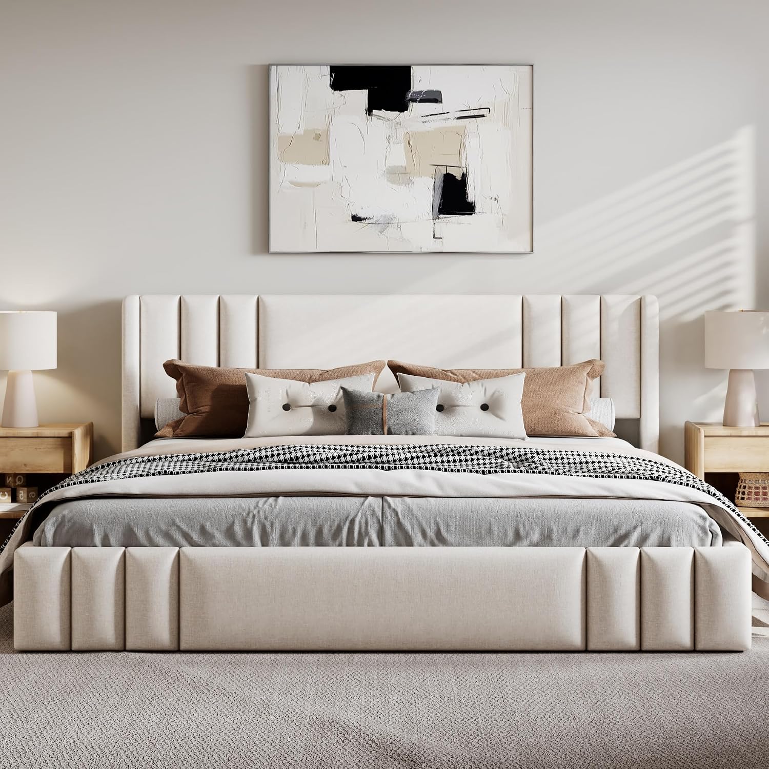 Beige Linen Wingback Platform Bed