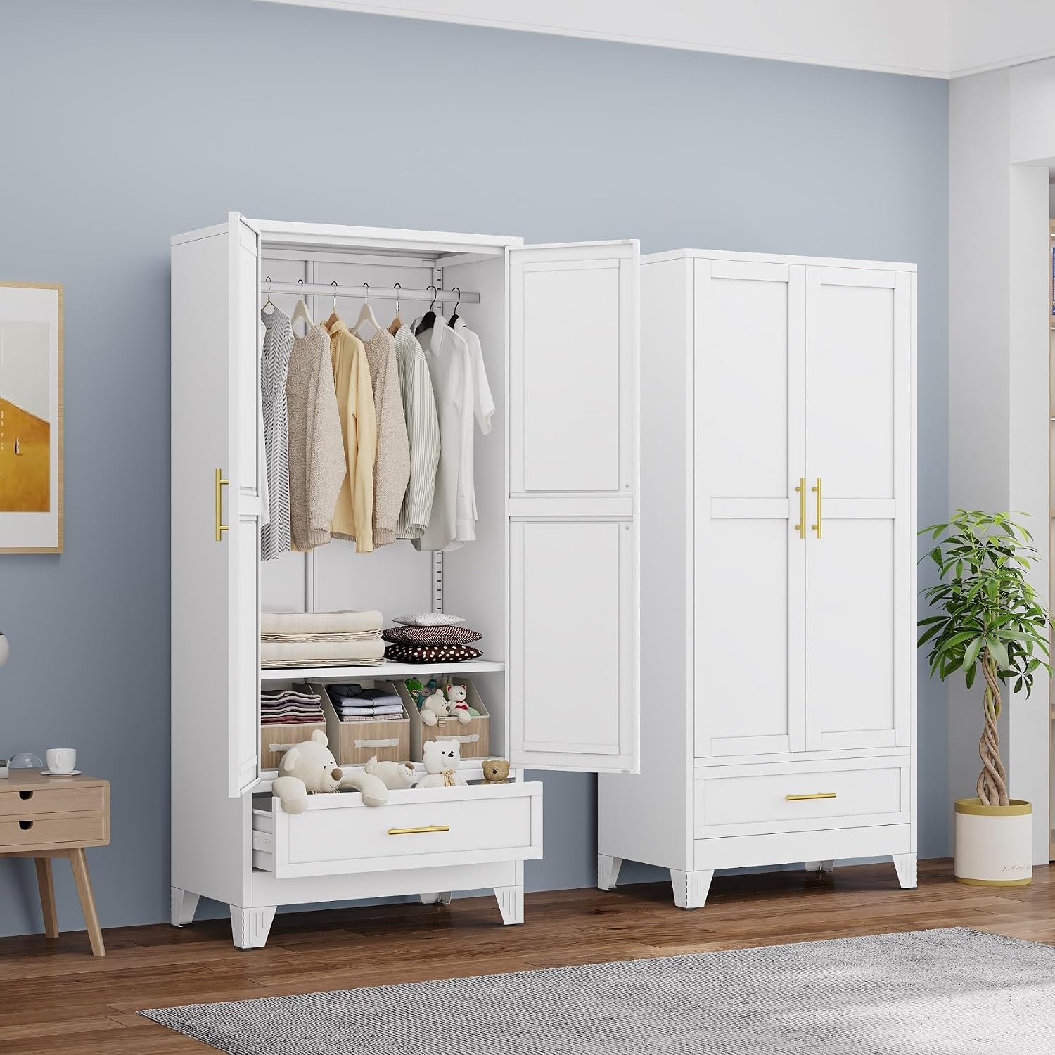 White Metal Wardrobe Mirror Drawers