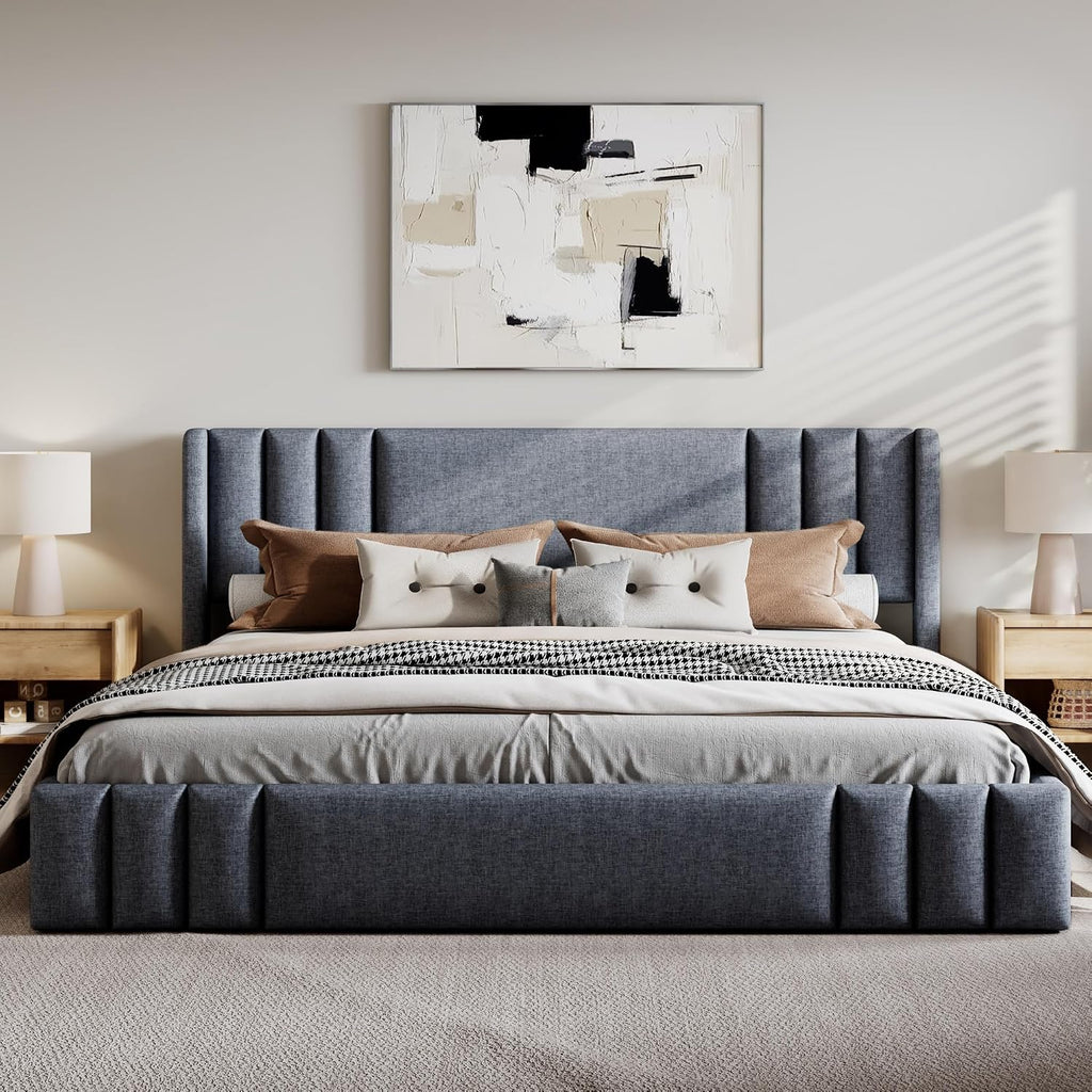 Gray Wingback Linen Platform Bed