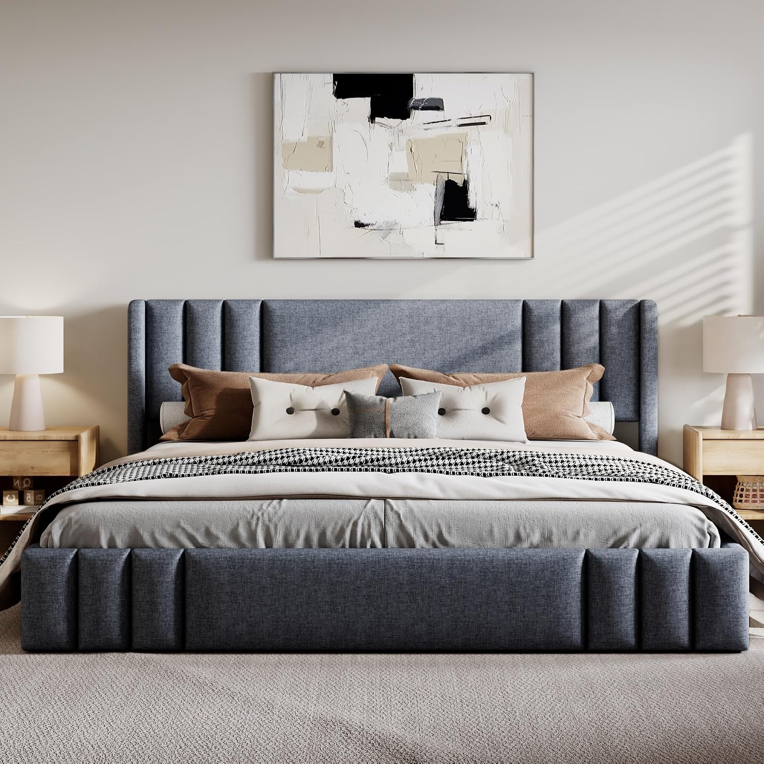 Gray Wingback Linen Platform Bed
