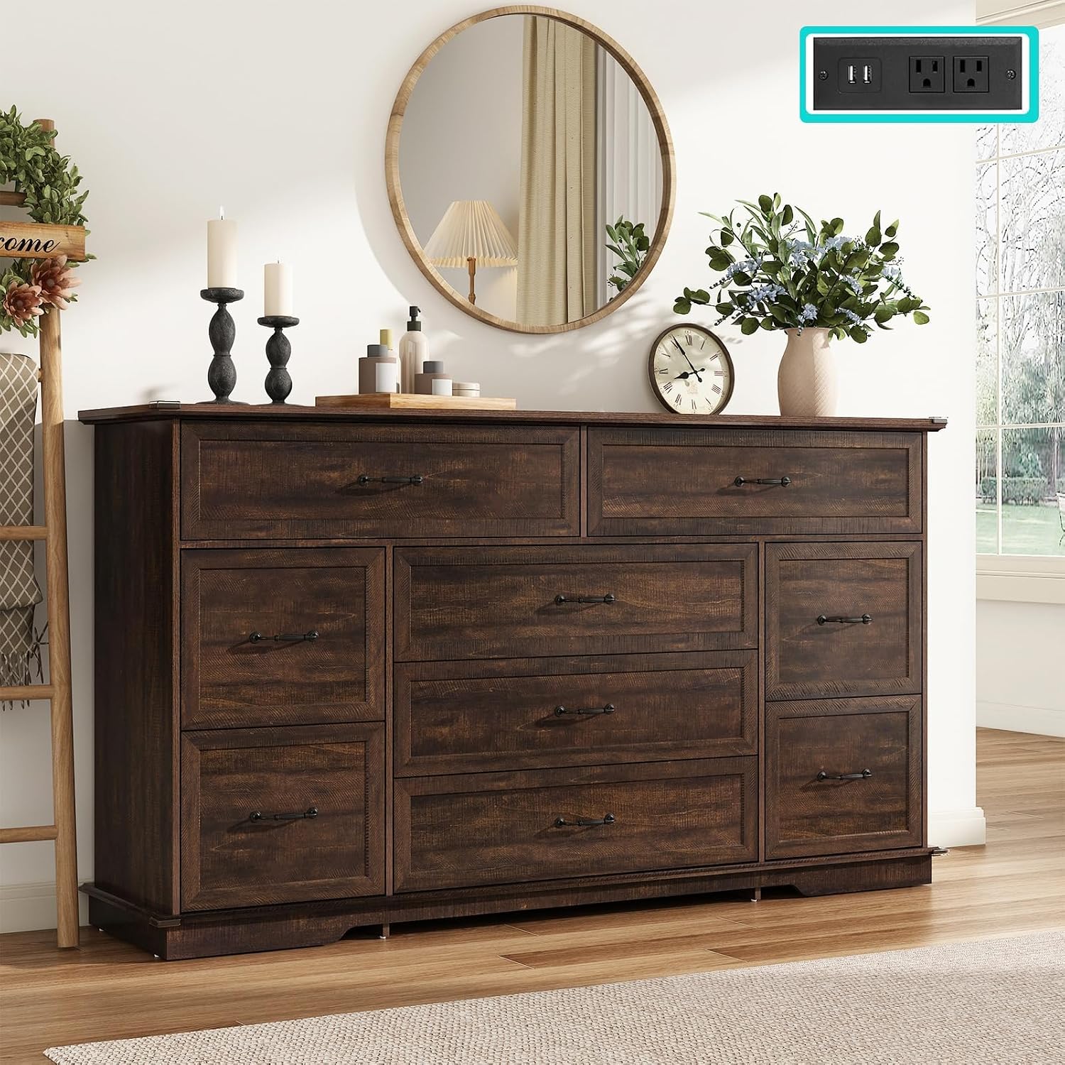 Rustic Brown Farmhouse 9 Drawer Dresser