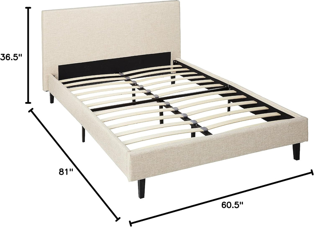 Beige Platform Bed Wood Slat Support