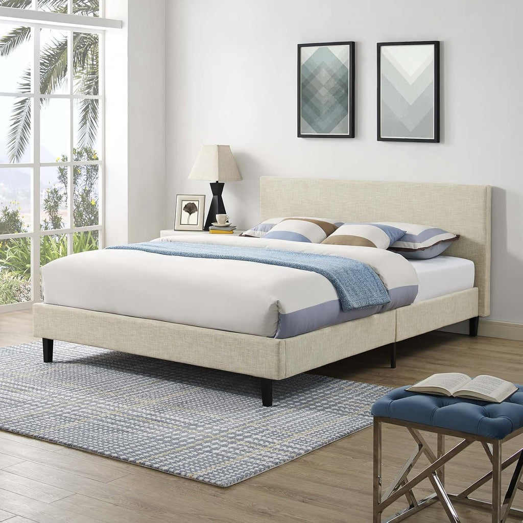 Beige Platform Bed Wood Slat Support