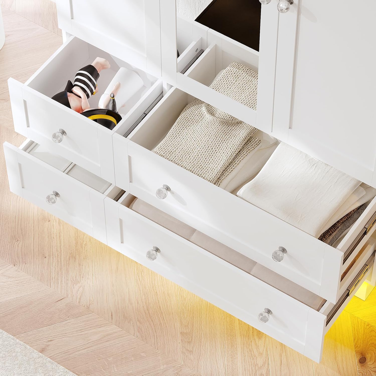 White Wardrobe Mirror Drawers LED