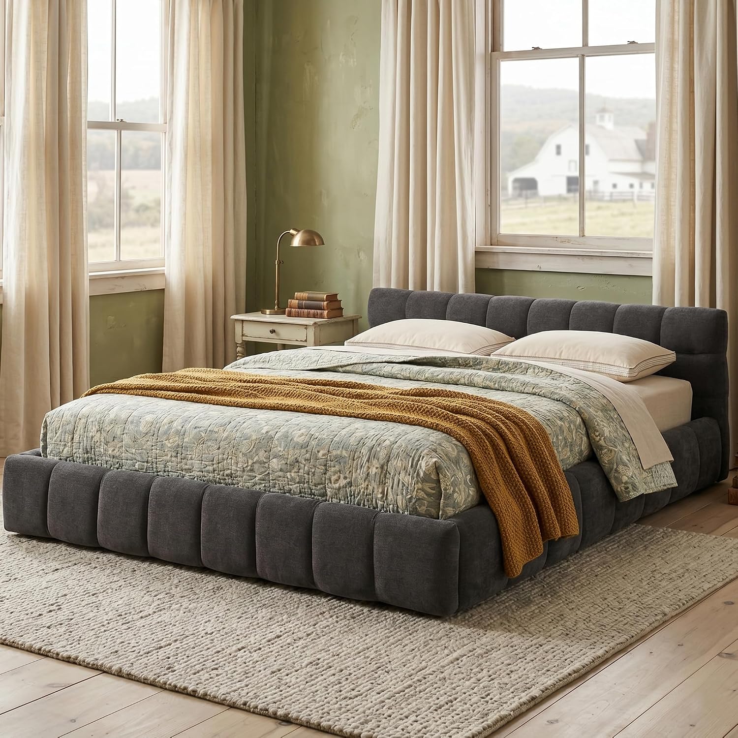 Dark Grey Chenille Platform Bed Headboard