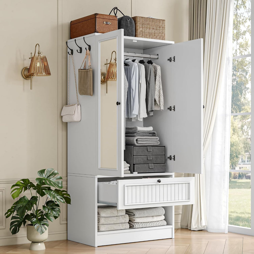 White Wardrobe Mirror Drawer Storage