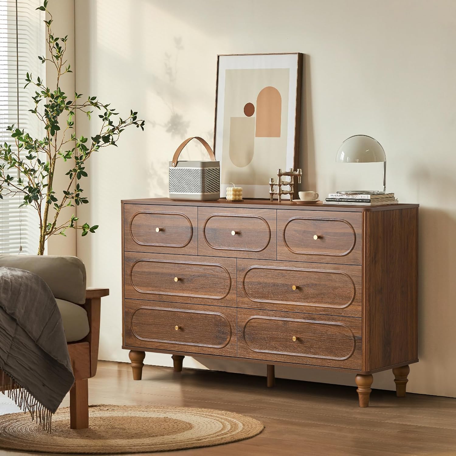 Walnut Fluted 7 Drawer Storage Dresser