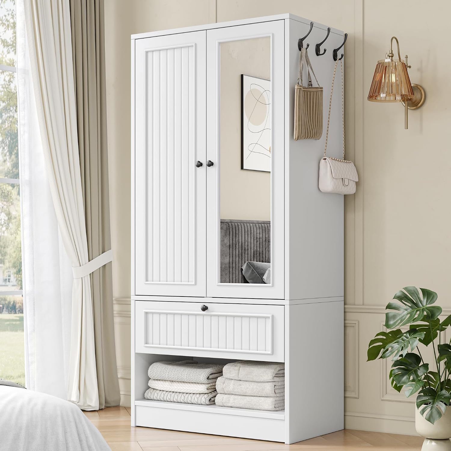 White Wardrobe Mirror Drawer Storage