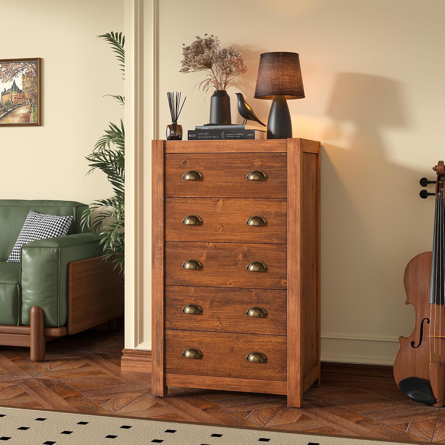 Dark Walnut Vintage 5 Drawer Tall Dresser