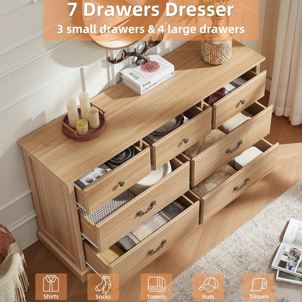 Natural Farmhouse 7 Drawer Wooden Dresser