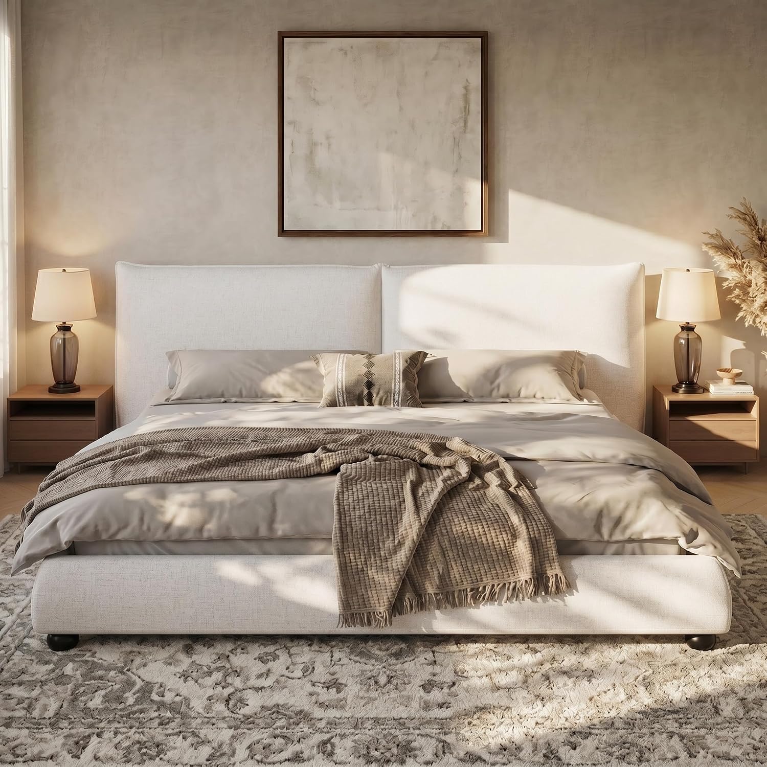 Linen Platform Bed Pillow Back Headboard