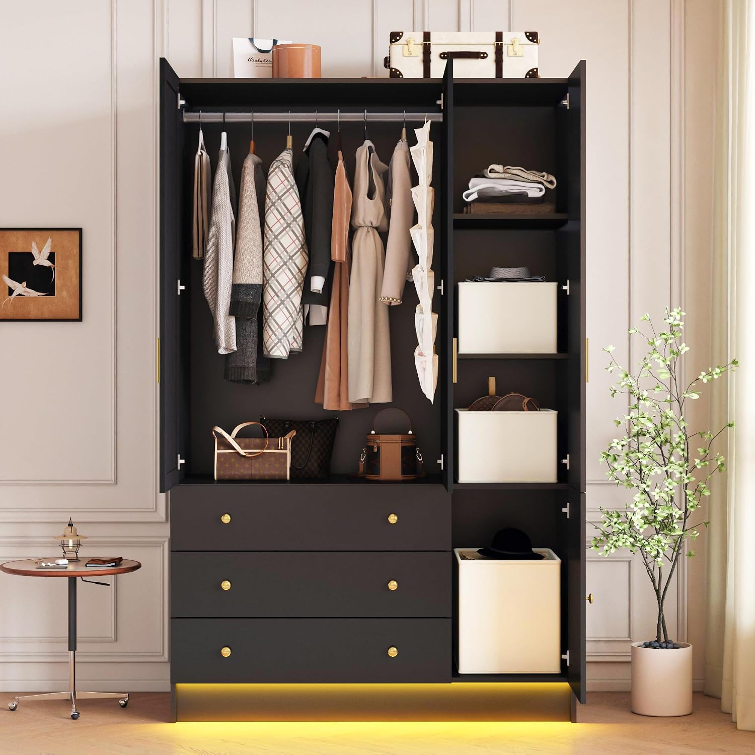 Black Mirrored Wardrobe Drawers LED