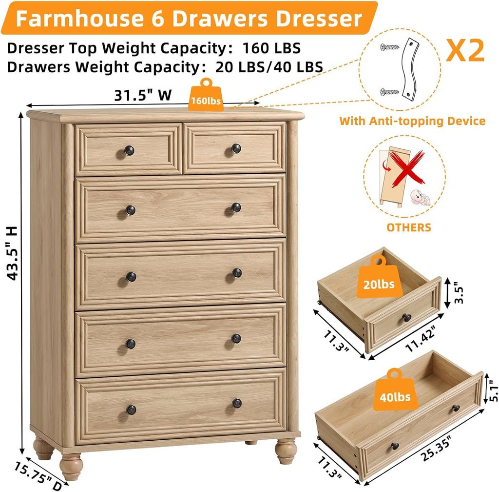 Natural Farmhouse 6 Drawer Dresser Set