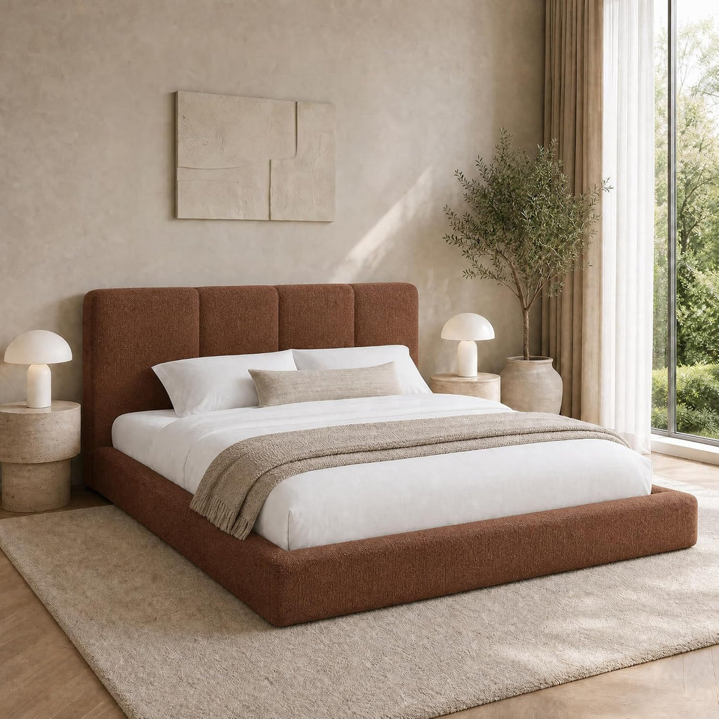 Brown Upholstered Platform Steel Bed