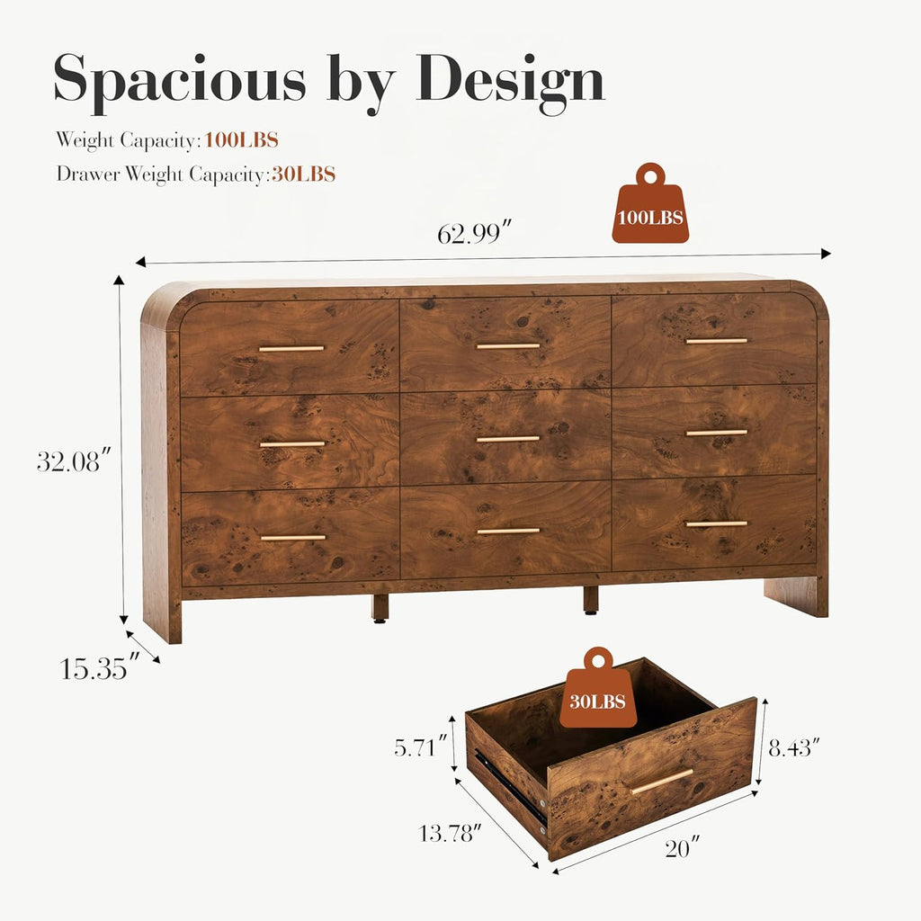 Dark Burl Curved 9 Drawer Dresser