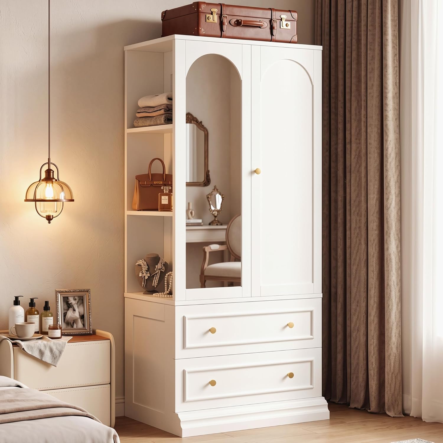 White Wardrobe Mirror Shelves Drawers