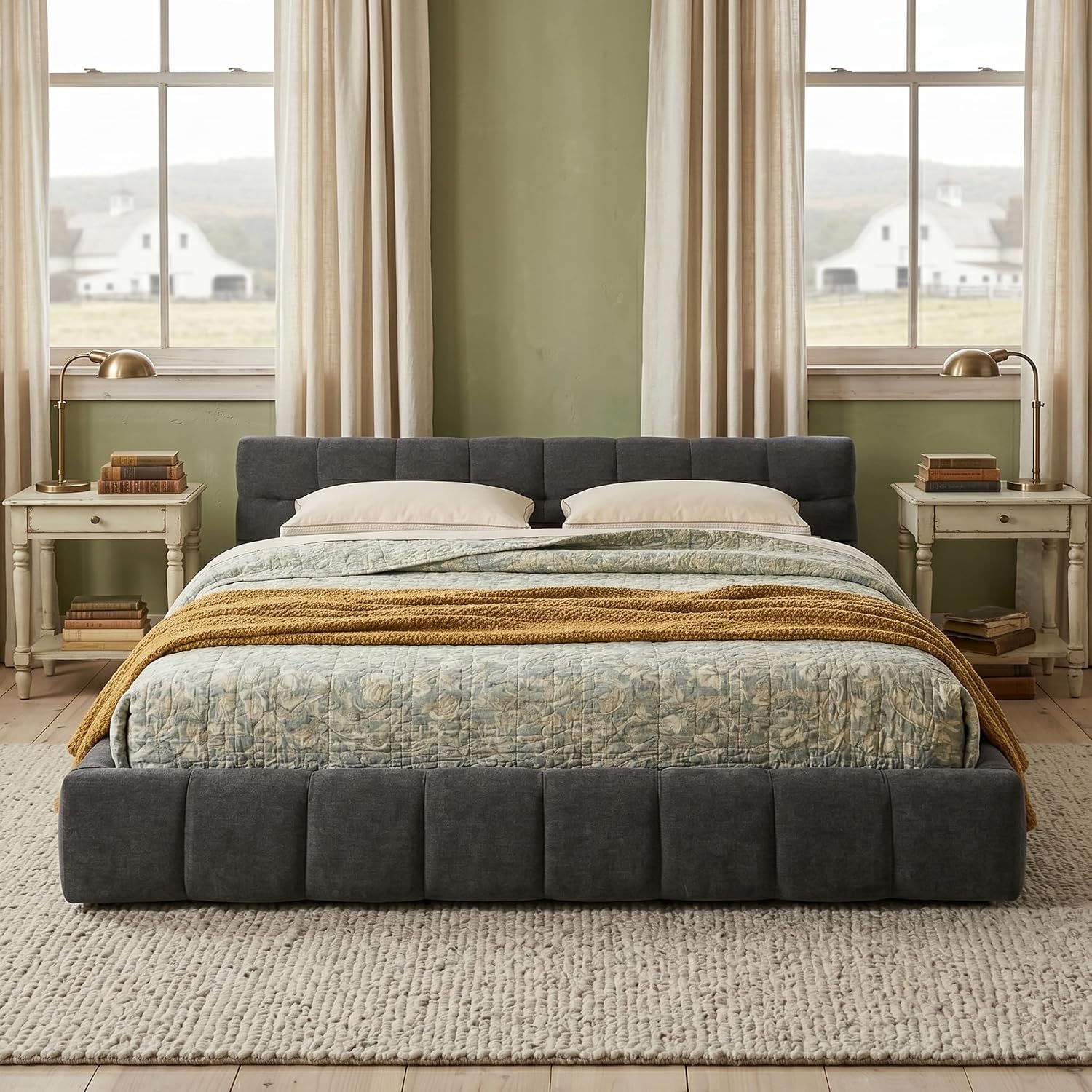 Dark Grey Chenille Platform Bed Headboard