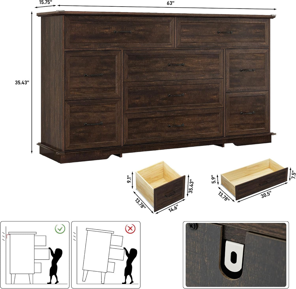 Rustic Brown Farmhouse 9 Drawer Dresser