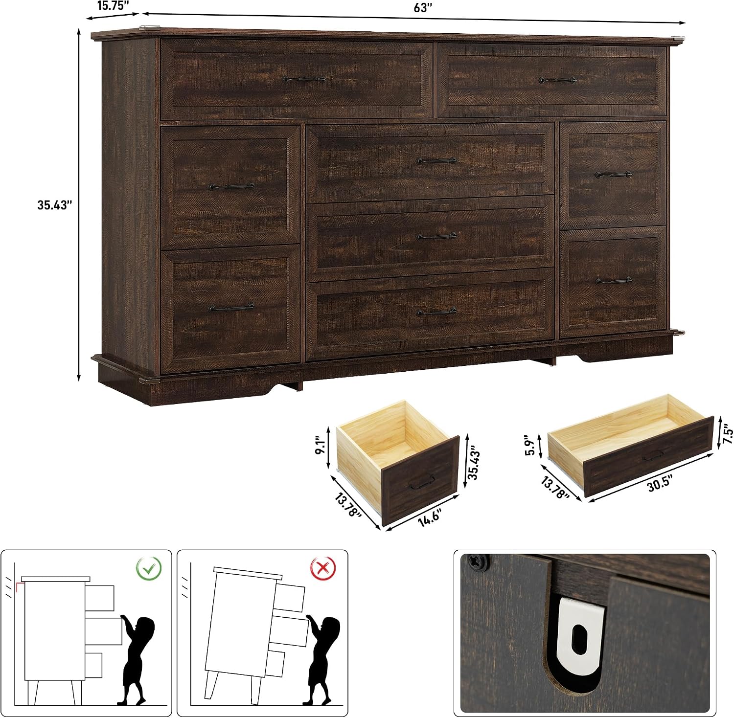 Rustic Brown Farmhouse 9 Drawer Dresser