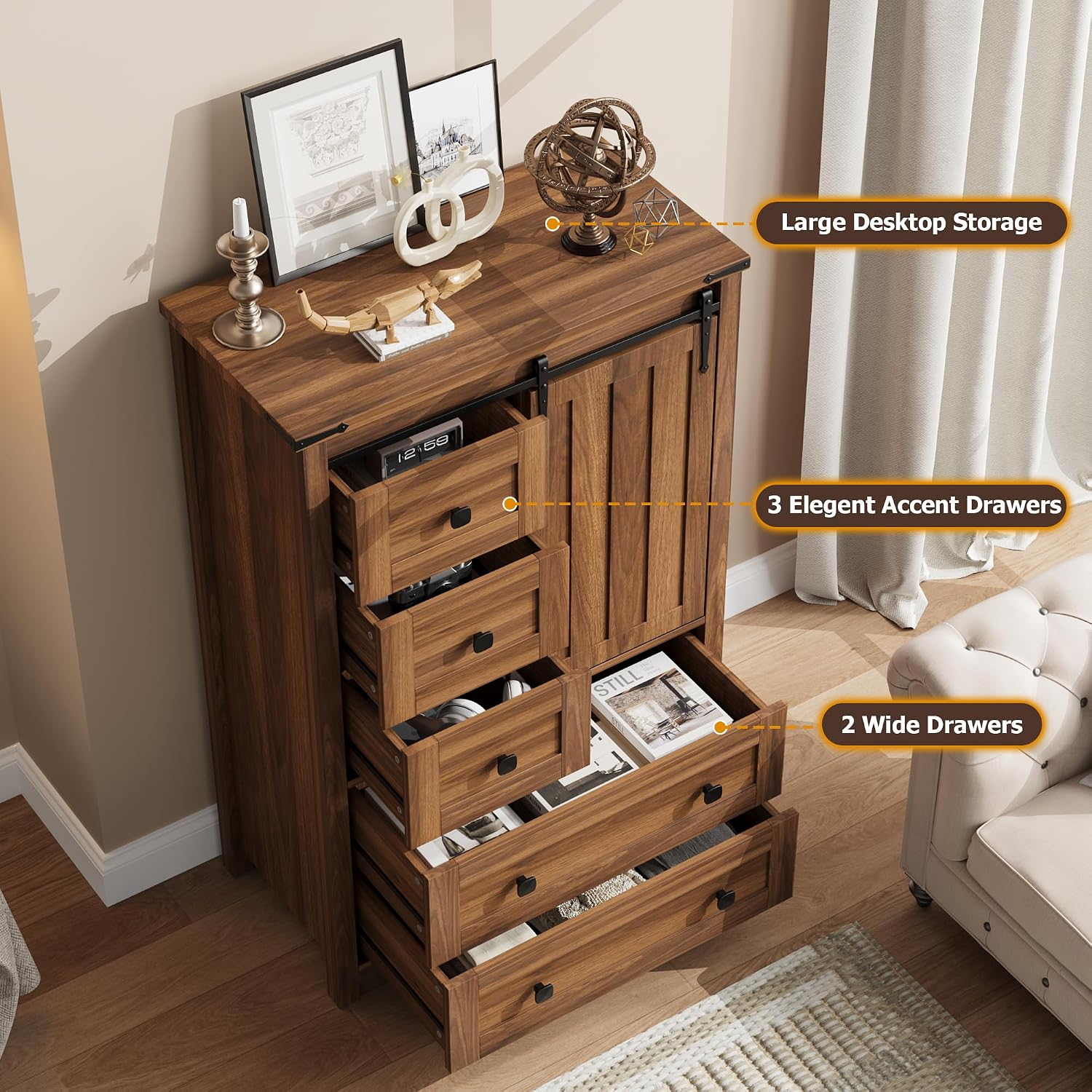 Walnut Farmhouse 5 Drawer Barn Door Dresser