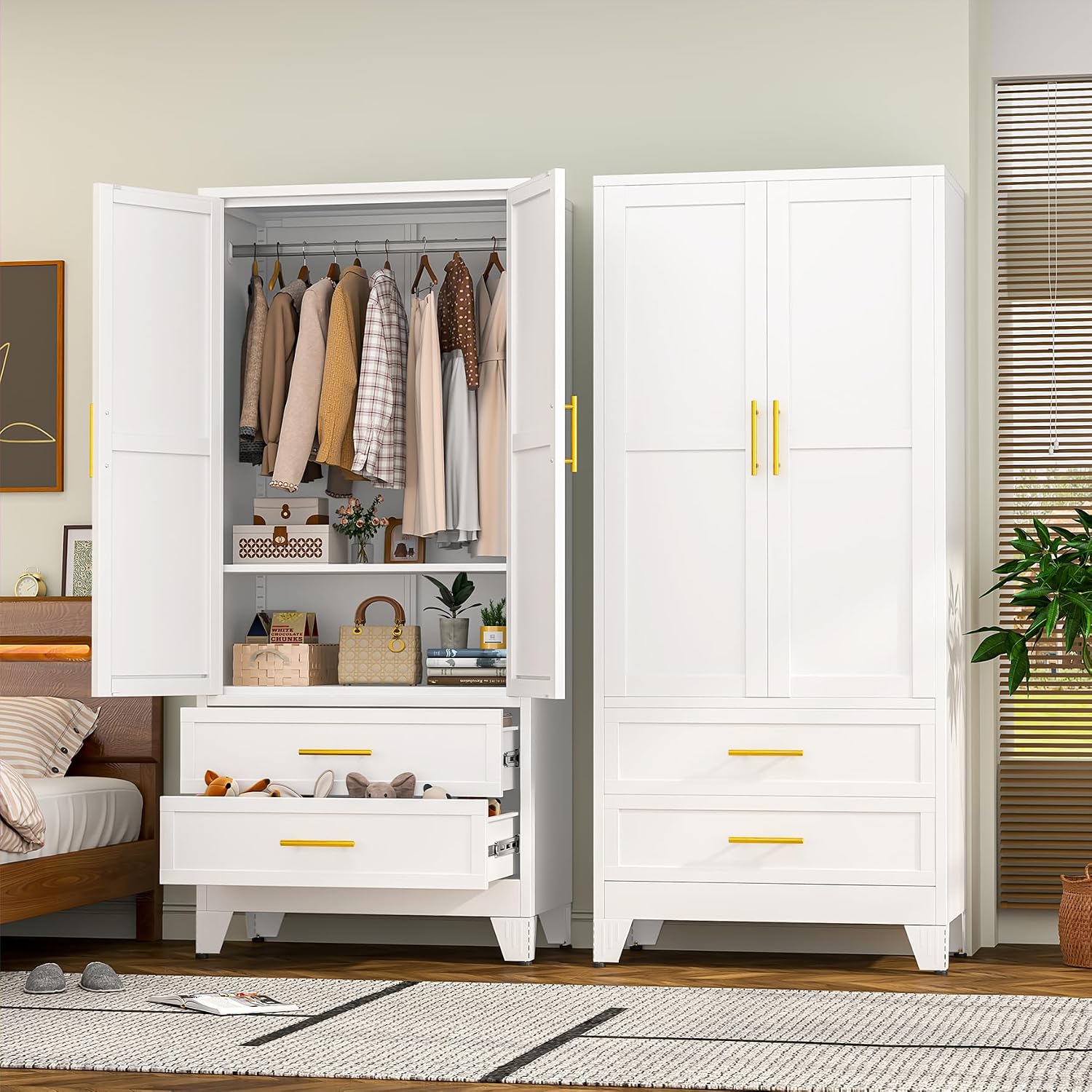White Metal Wardrobe Mirror Drawers