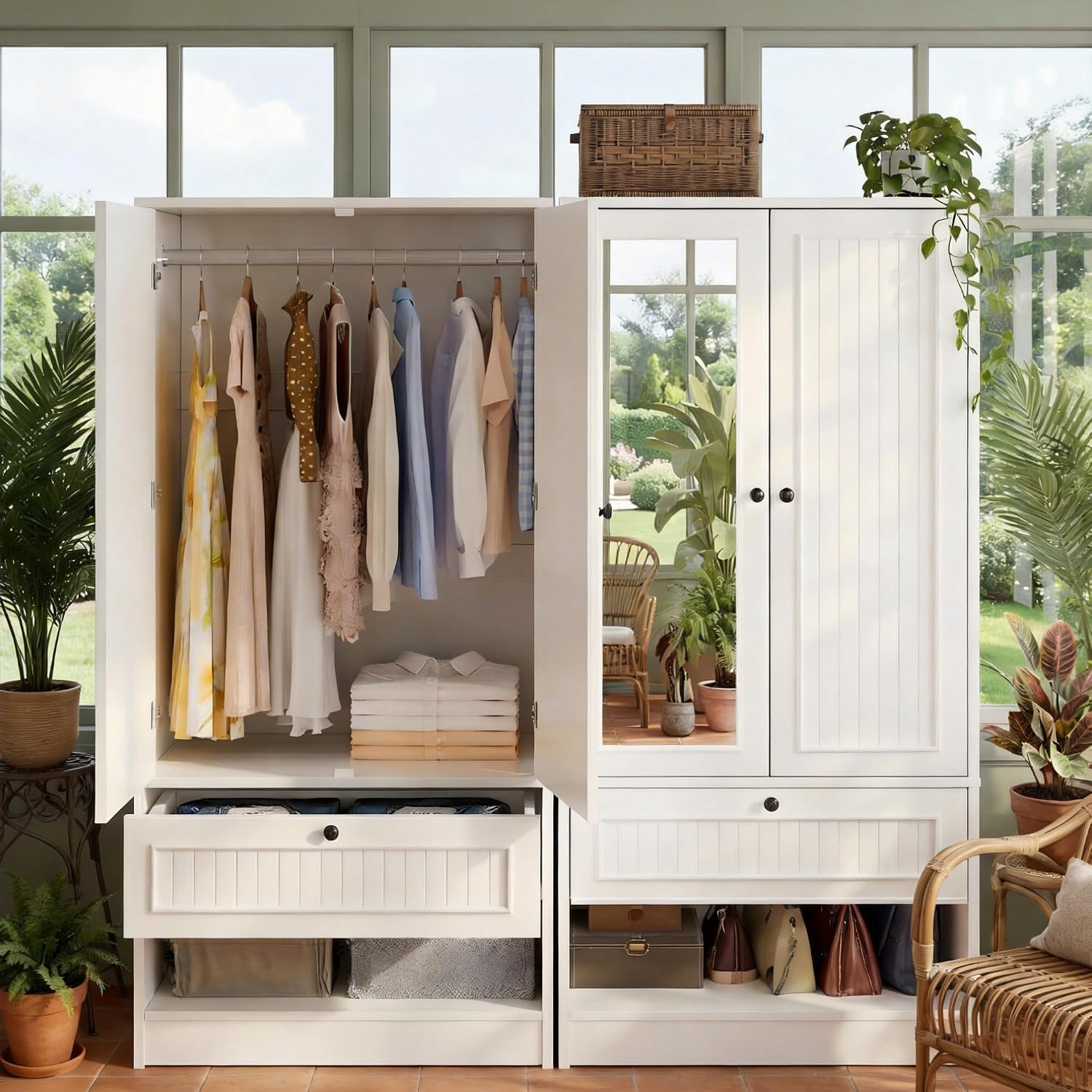 White Wardrobe Mirror Drawer Storage