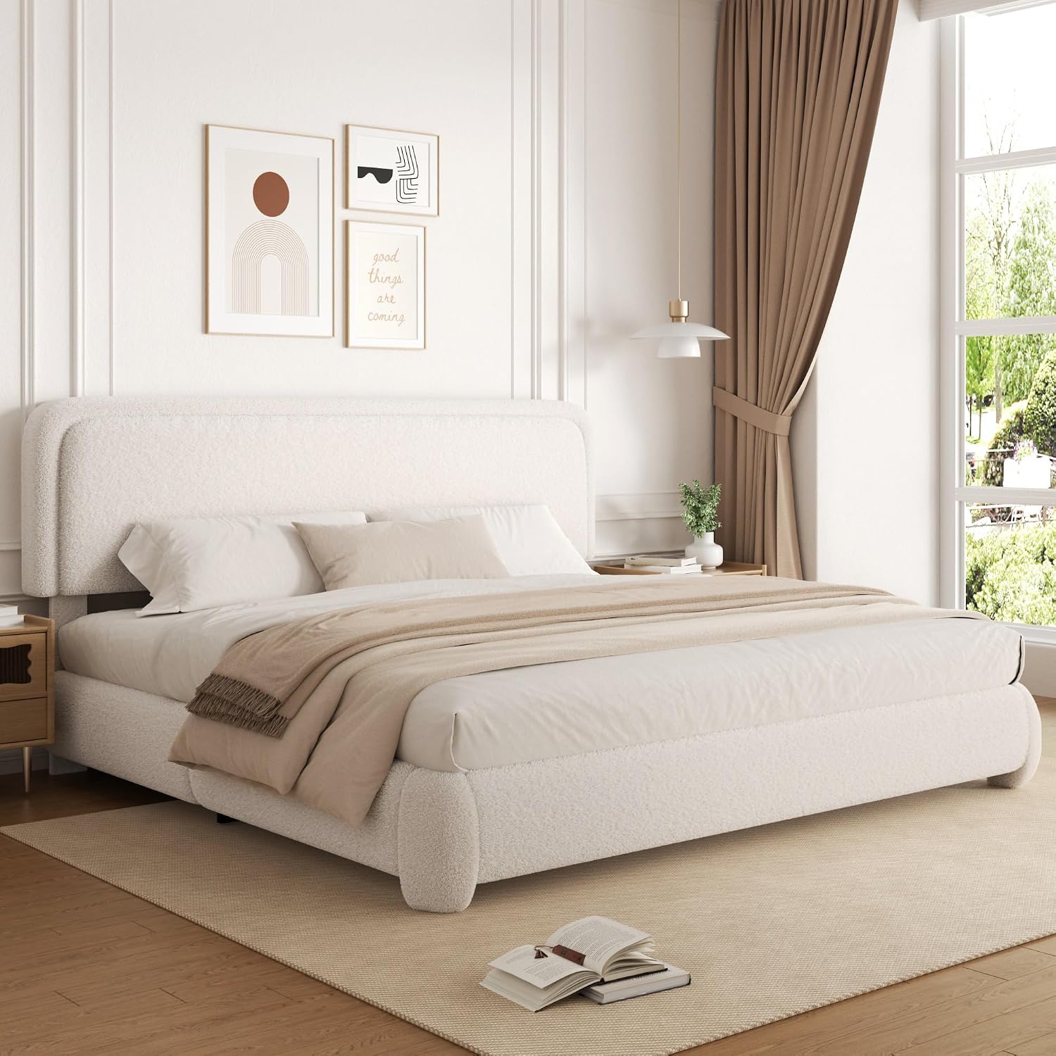 Boucle Platform Bed Adjustable Headboard