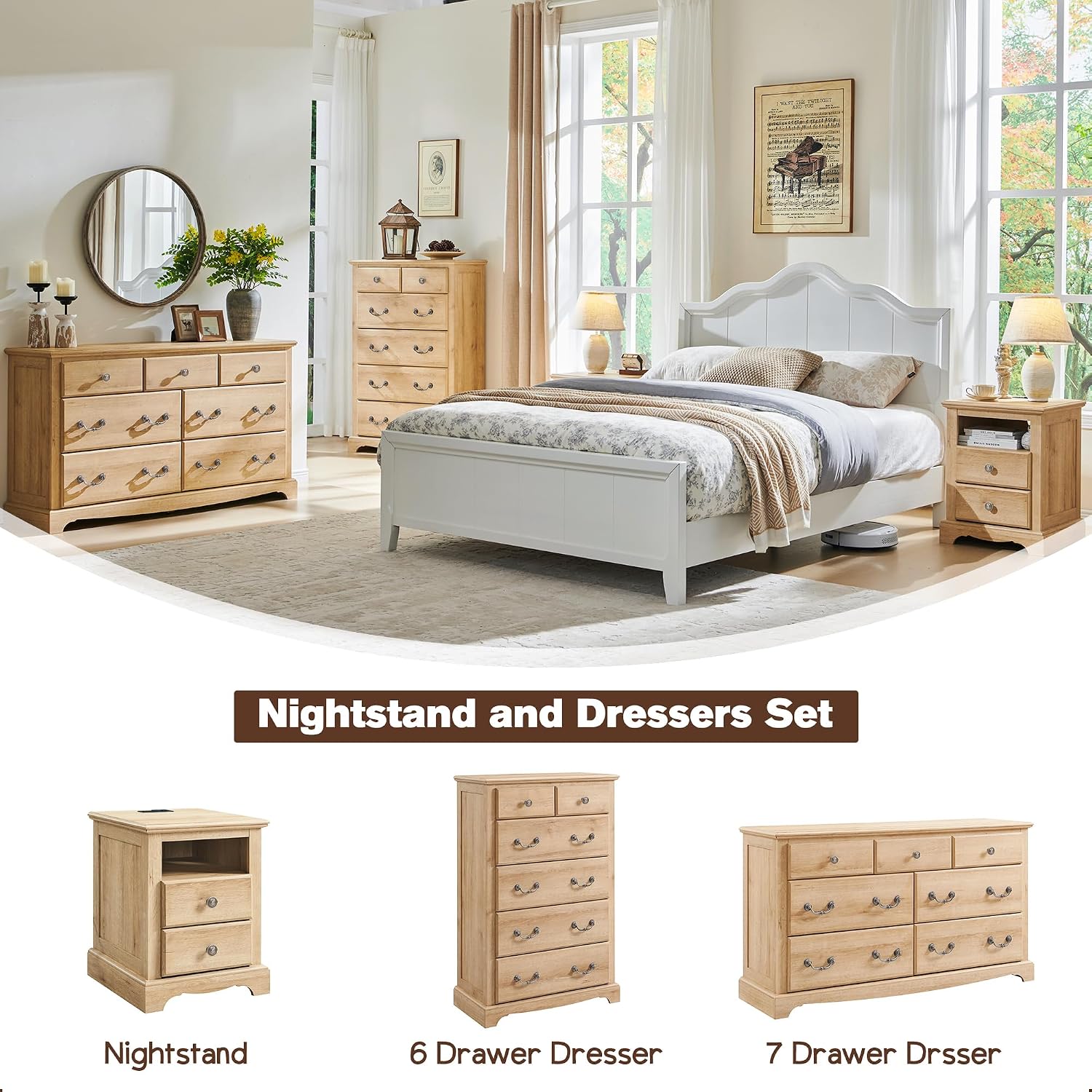 Natural Oak Farmhouse 7 Drawer Dresser