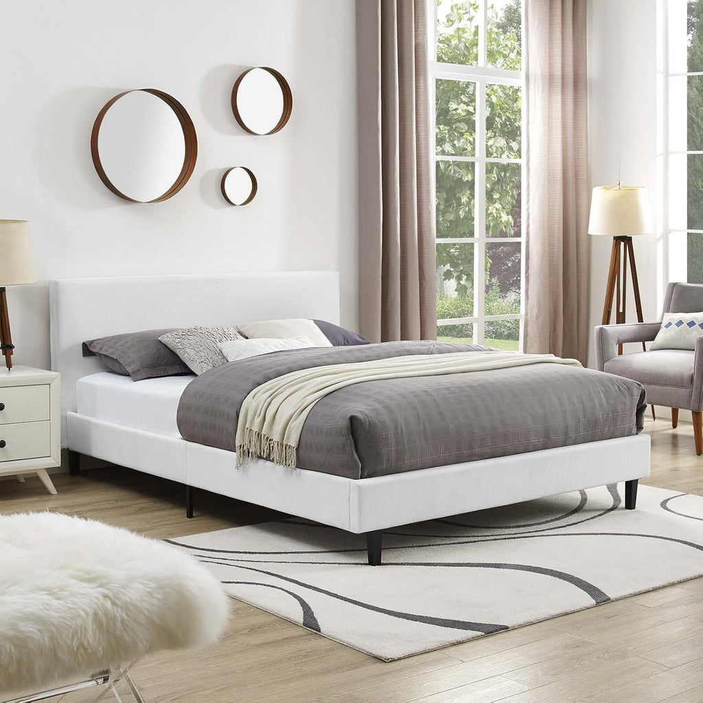 Beige Platform Bed Wood Slat Support