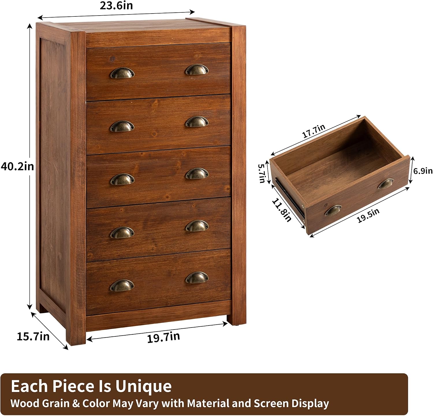 Dark Walnut Vintage 5 Drawer Tall Dresser