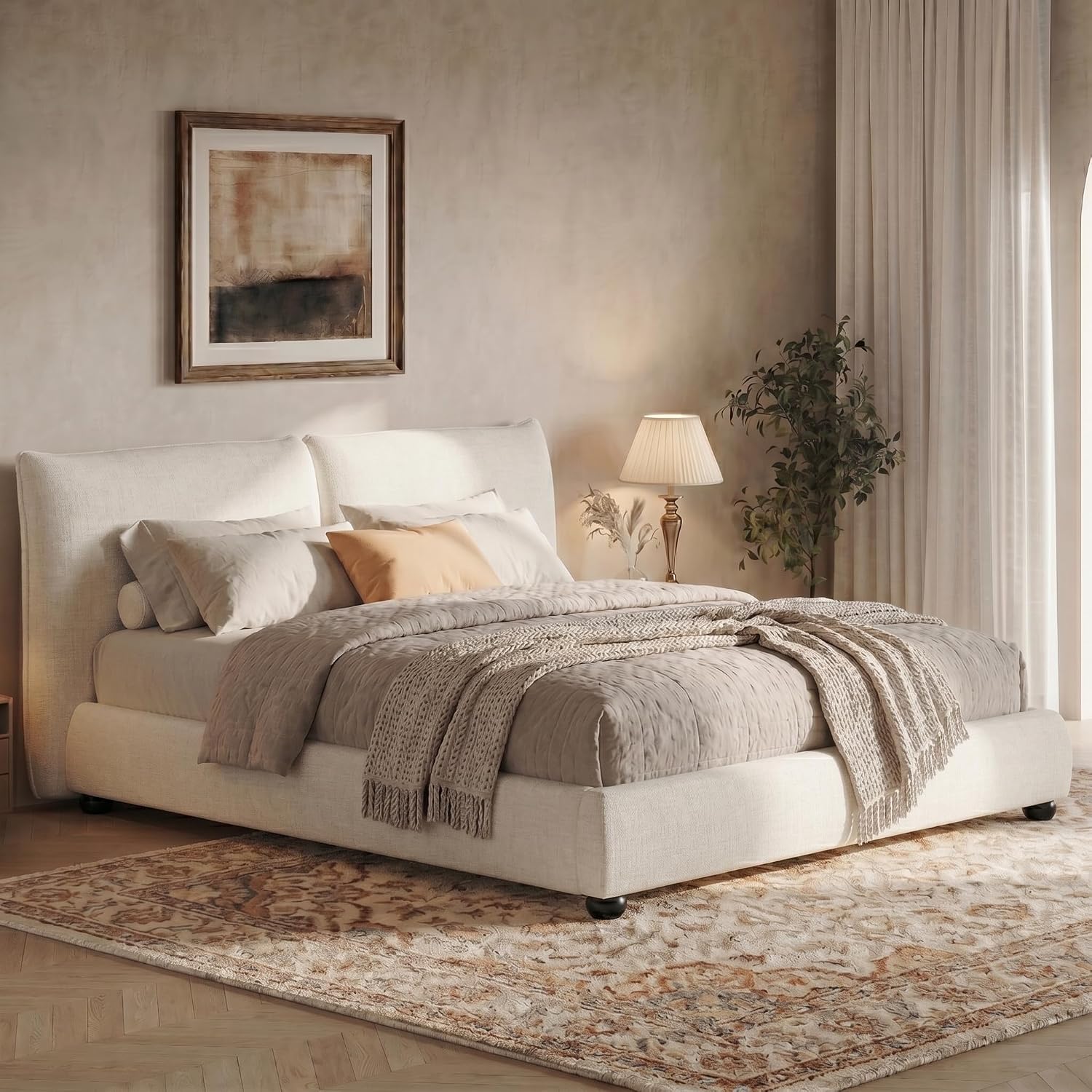 Linen Platform Bed Pillow Back Headboard