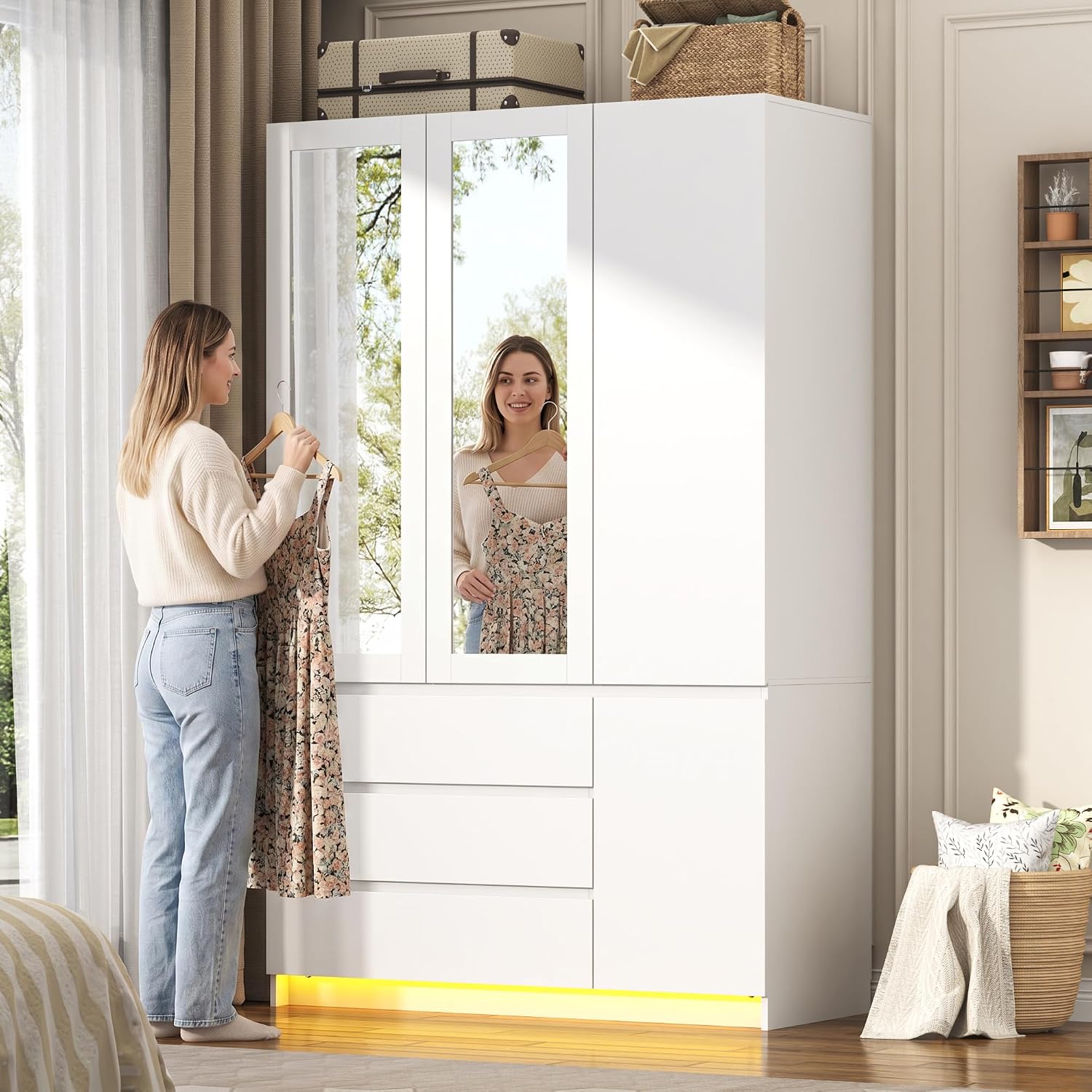 White Wardrobe Mirrors Drawers LED