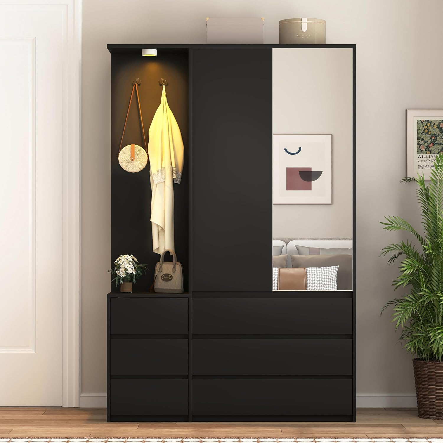 Black Wardrobe Mirror Drawers LED