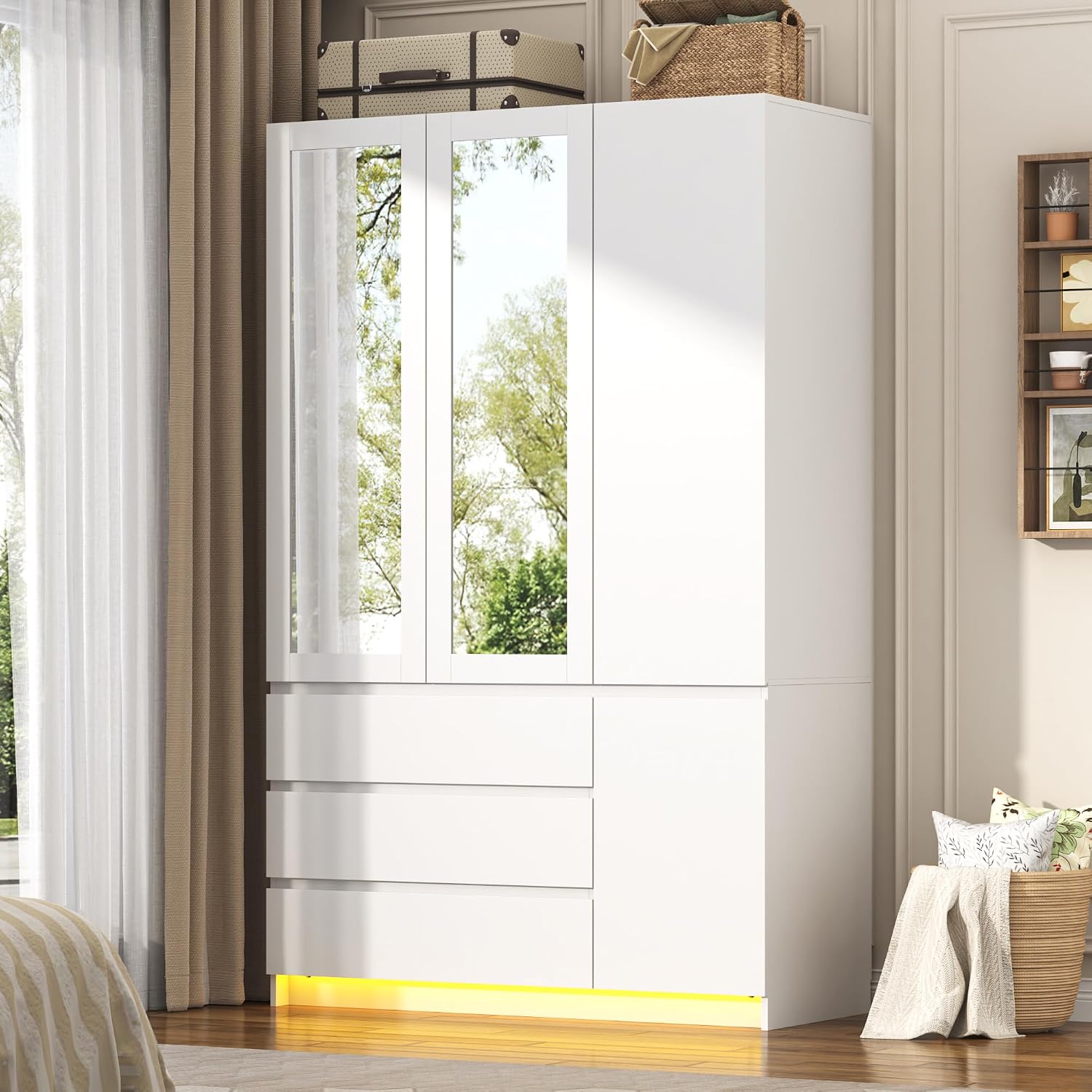 White Wardrobe Mirrors Drawers LED