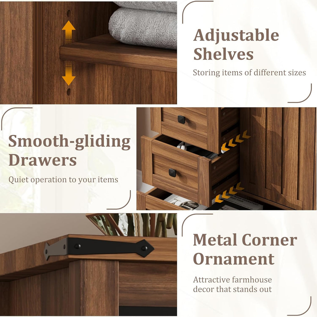 Walnut Farmhouse 5 Drawer Barn Door Dresser