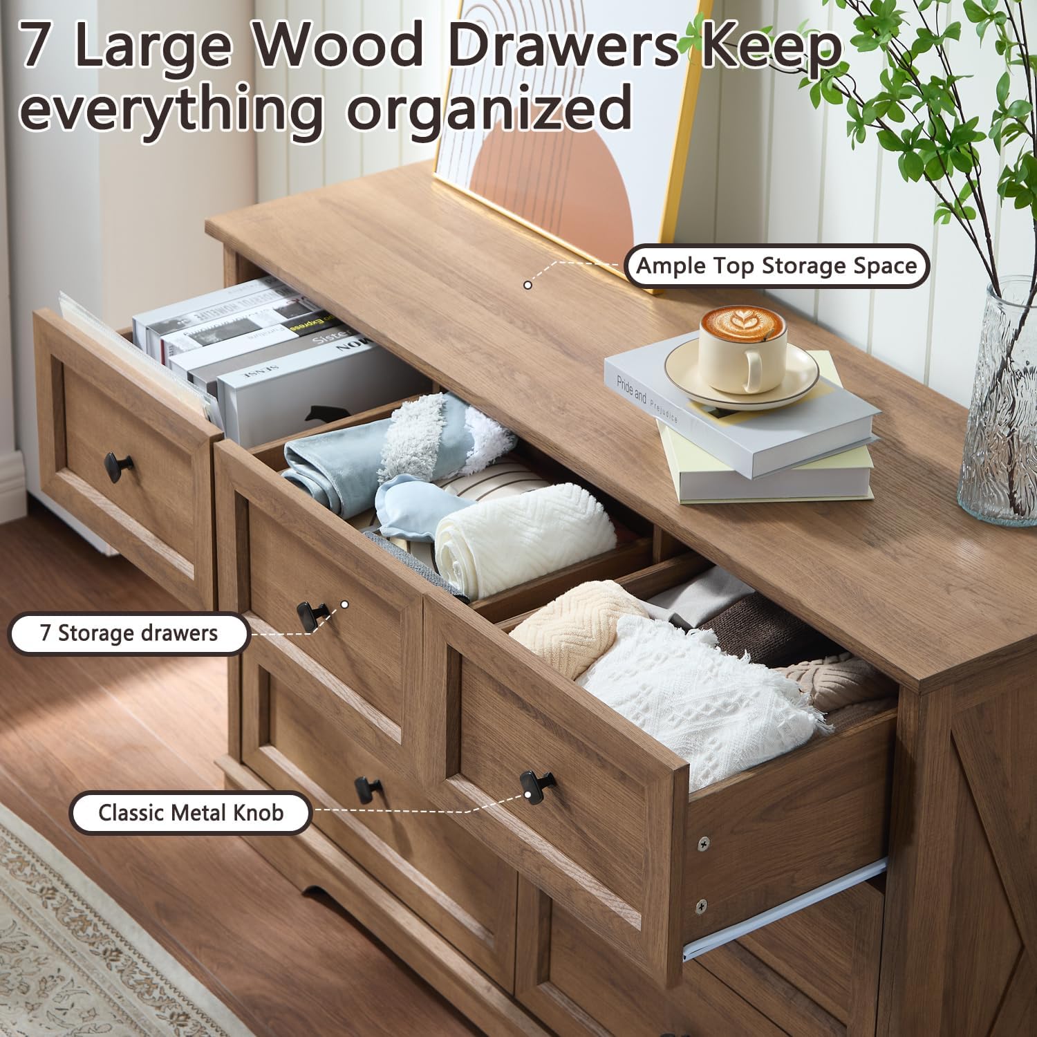 Natural Oak 7 Drawer Charging Station Dresser