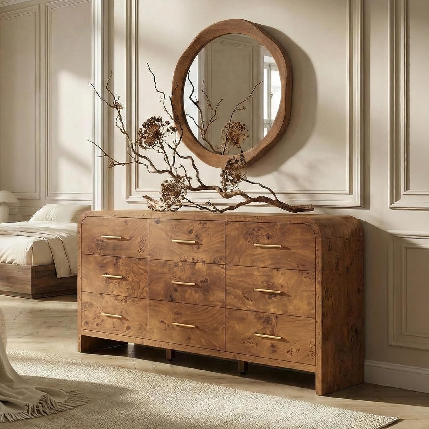 Dark Burl Curved 9 Drawer Dresser