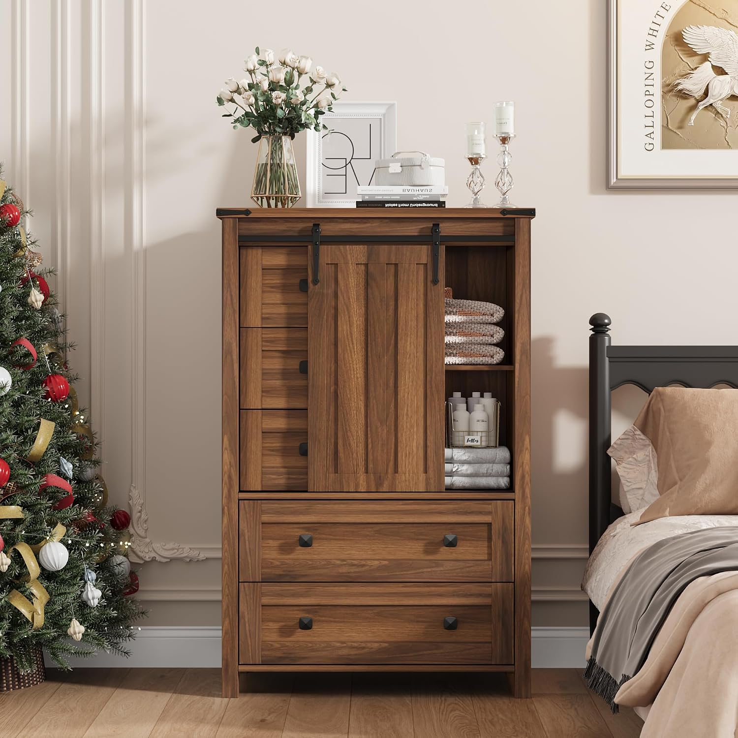 Walnut Farmhouse 5 Drawer Barn Door Dresser